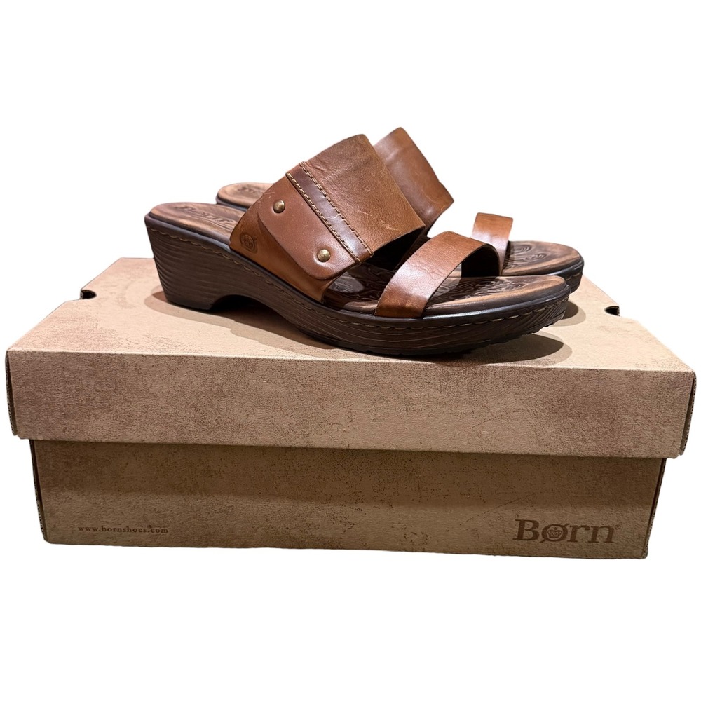 Born Womens Brown Leather Wedge Slide Sandals Boho Shoes Size 9